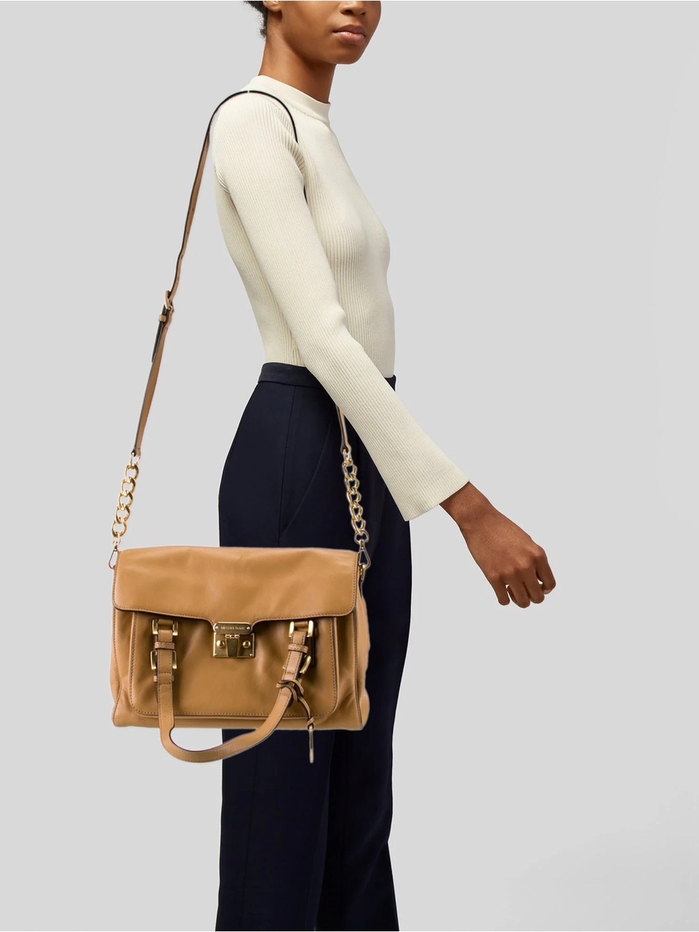 MICHAEL KORS Gosford Satchel Bag tan leather. Shoulder Bag with Gold hardware